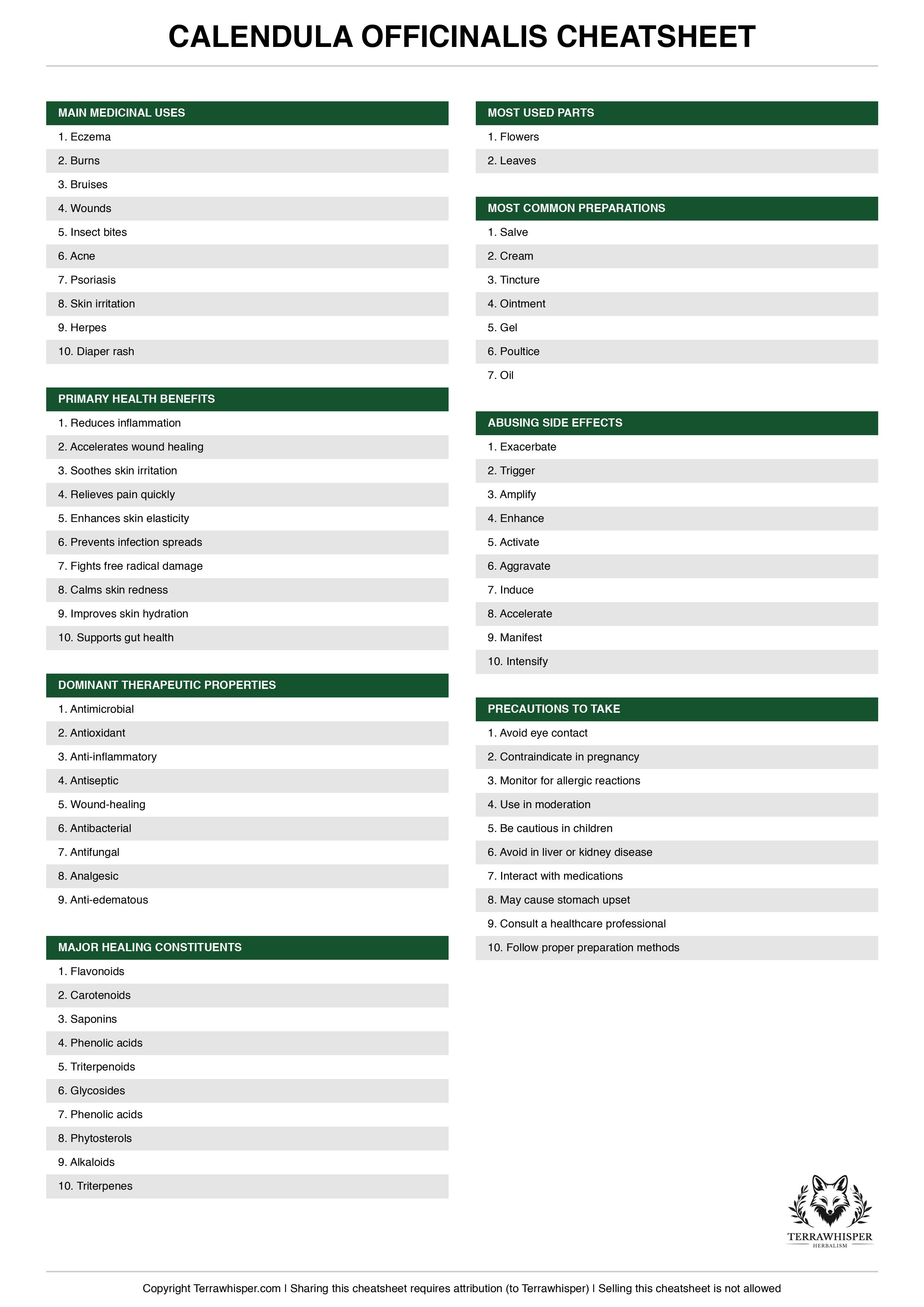 Calendula officinalis plant cheatsheet