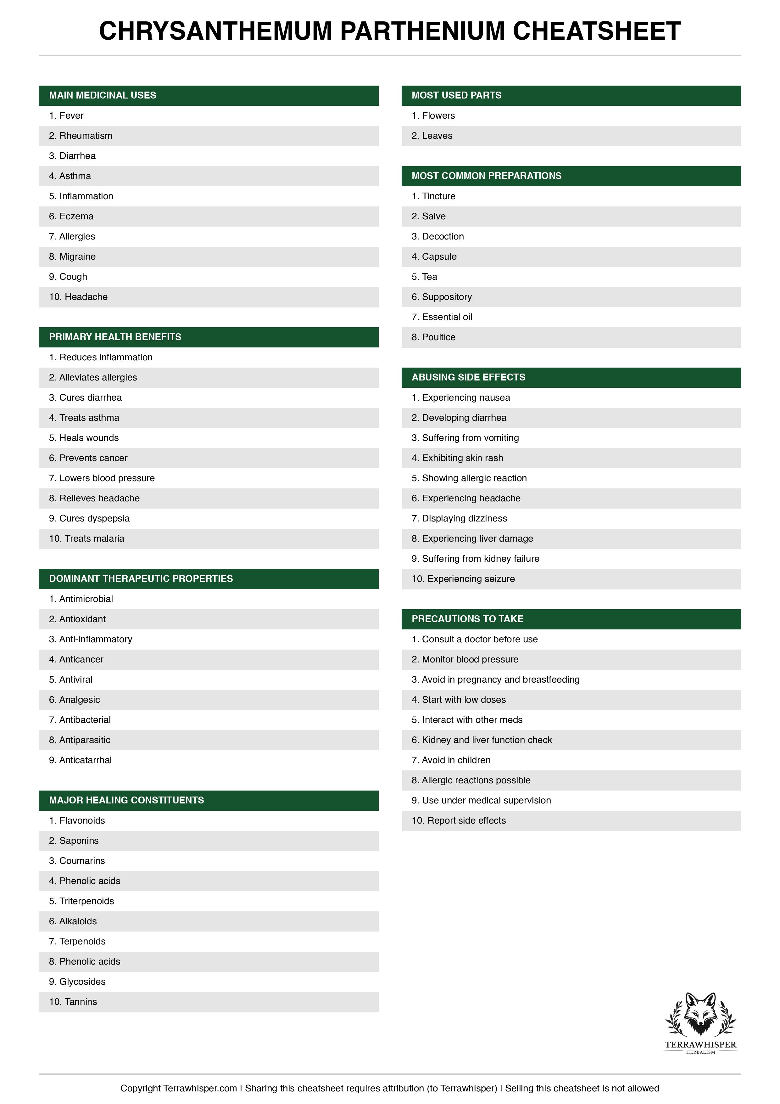 Chrysanthemum parthenium plant cheatsheet