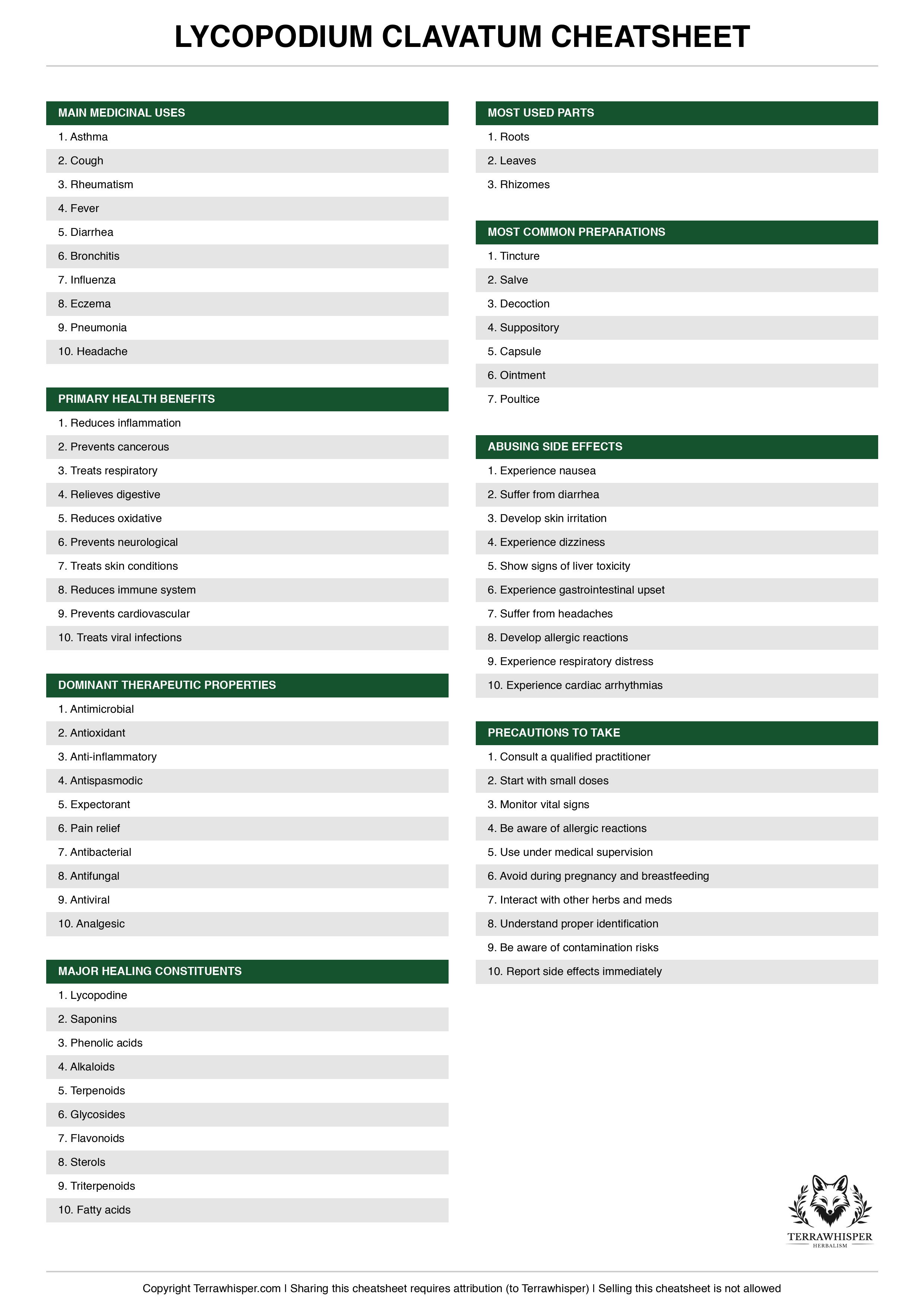 Lycopodium clavatum plant cheatsheet