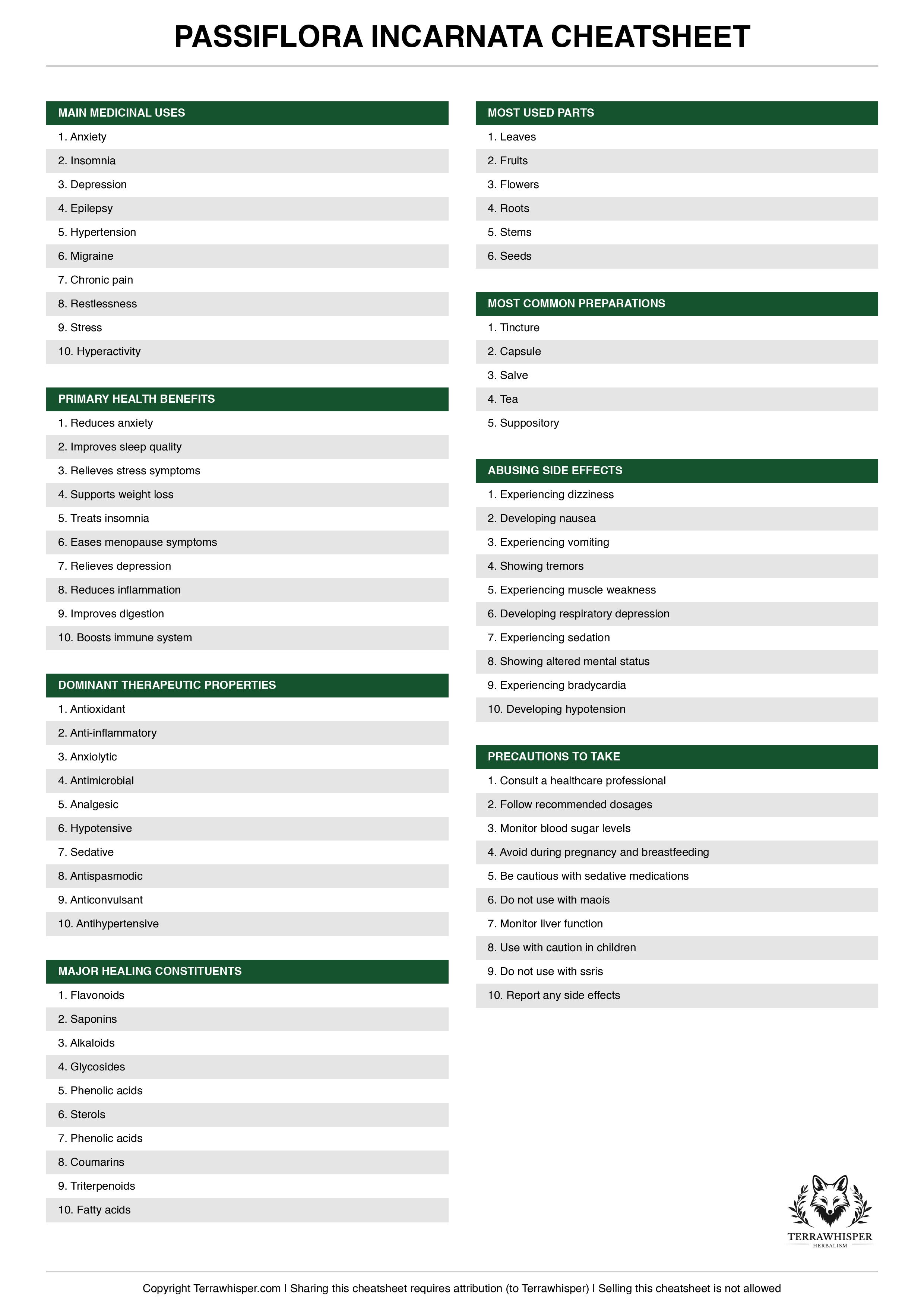 Passiflora incarnata plant cheatsheet