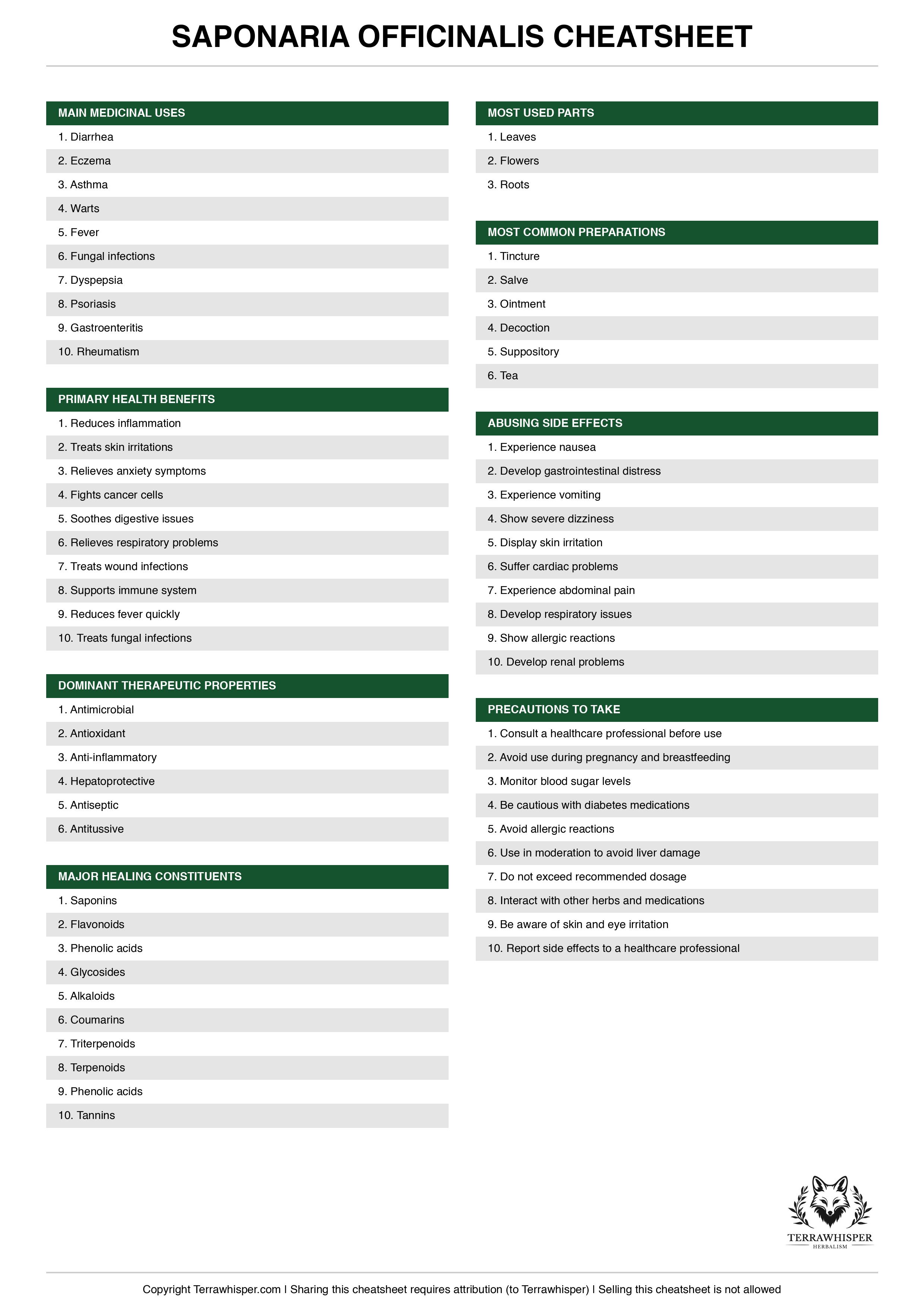 Saponaria officinalis plant cheatsheet