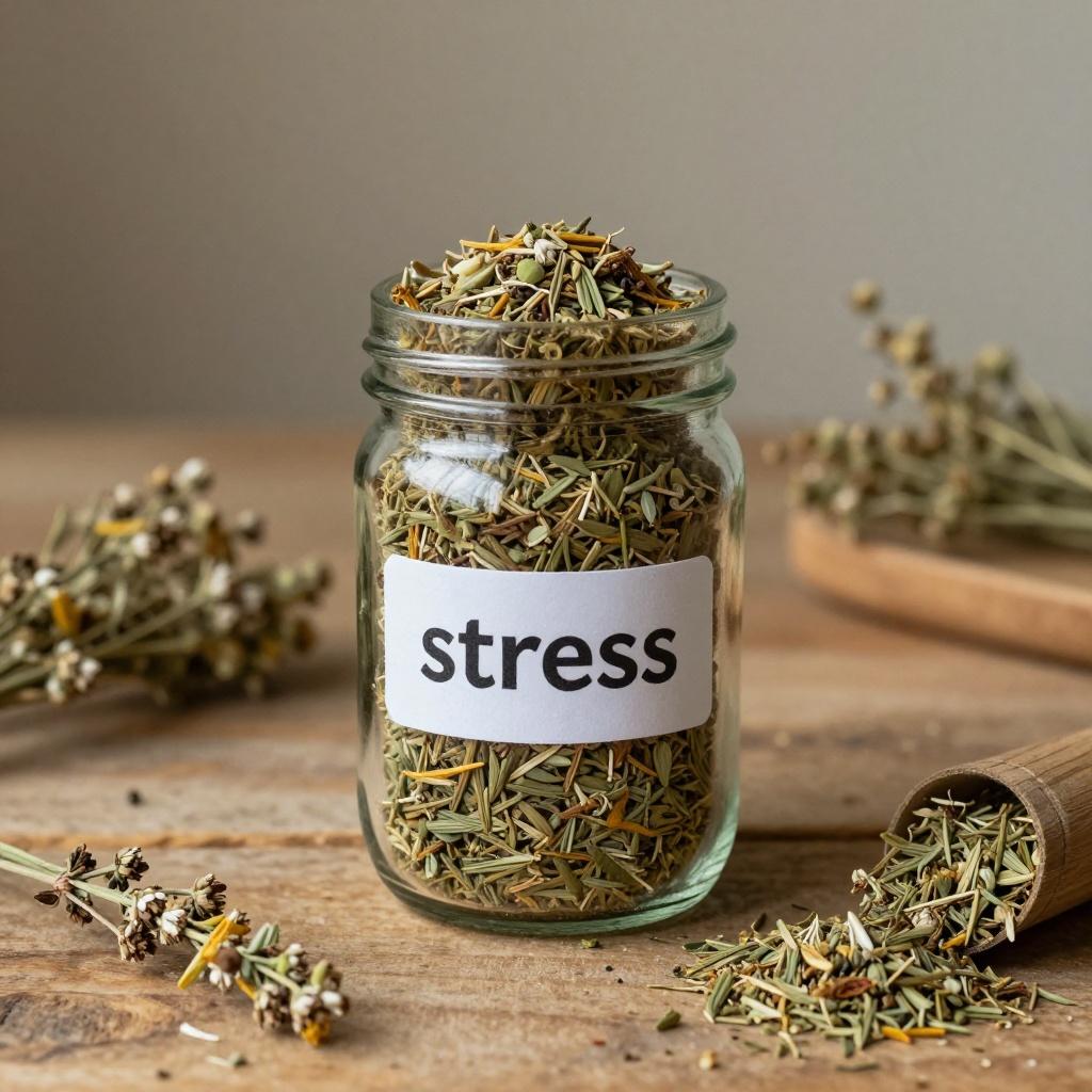 Herbal remedies in jars and teas for common ailments like digestion, sleep, stress, and immunity