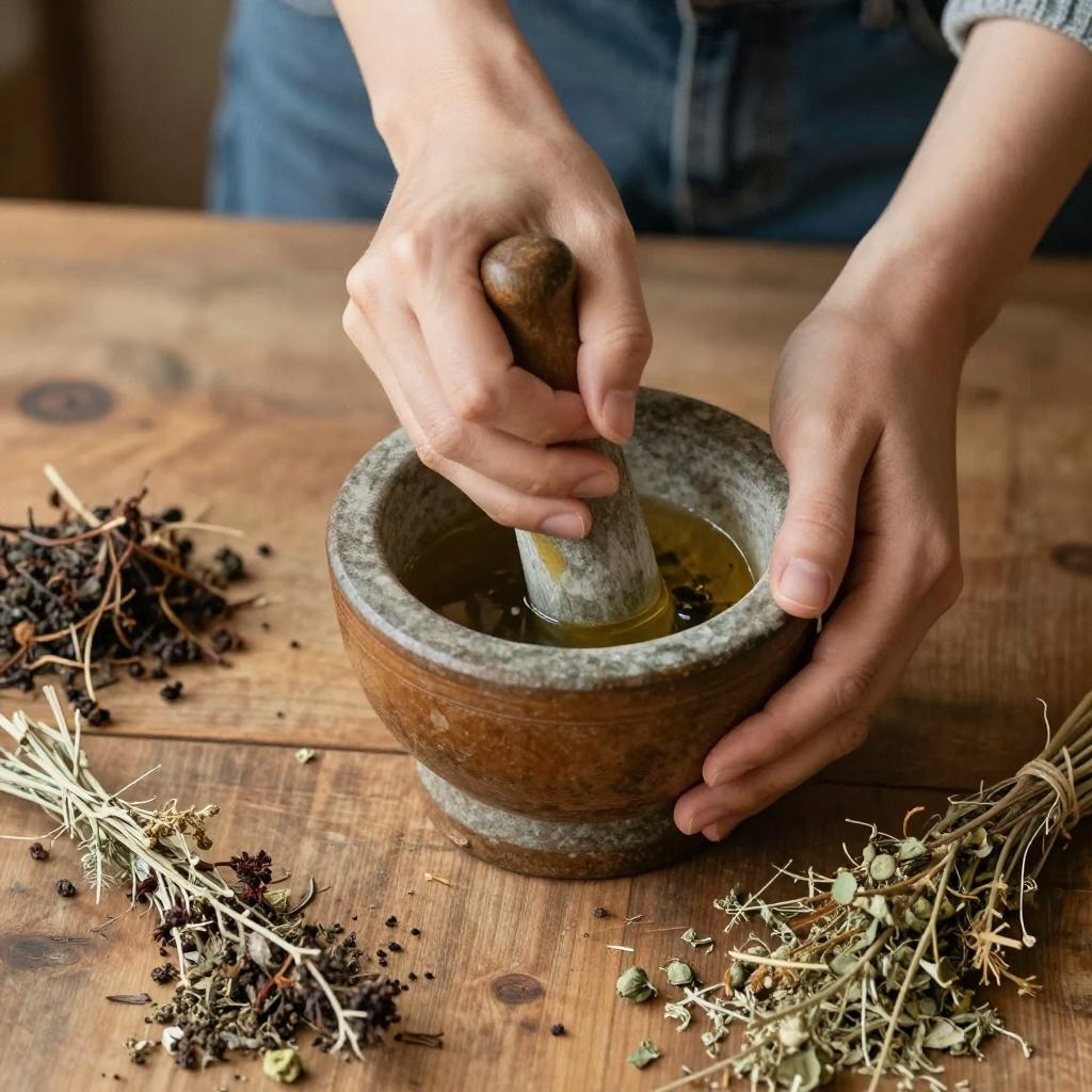Beginner-friendly herbalism setup with medicinal herbs, tinctures, and a mortar and pestle